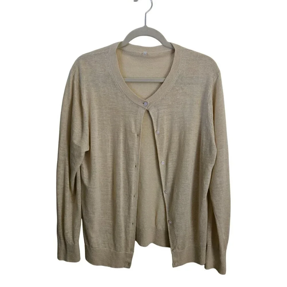 100% True Hemp Sustainable Lightweight Neutral Beige Cardigan Sweater Size XL
